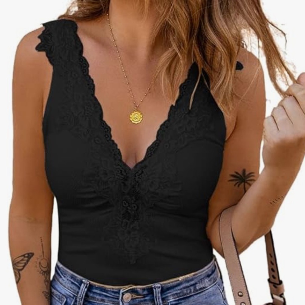 Black Lace Trim Tank Top